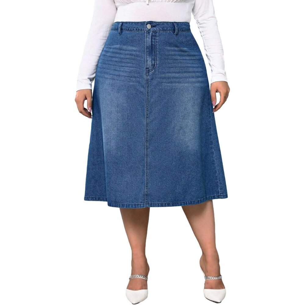 Women's Plus Size Jean Midi Skirt High Waisted A-Line Casual Comfort - Picture 1 of 6